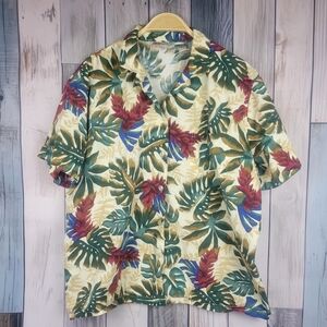 Vintage Hilo Hattie Hawaiin Shirt Aloha Monstera Floral Print Size Large
